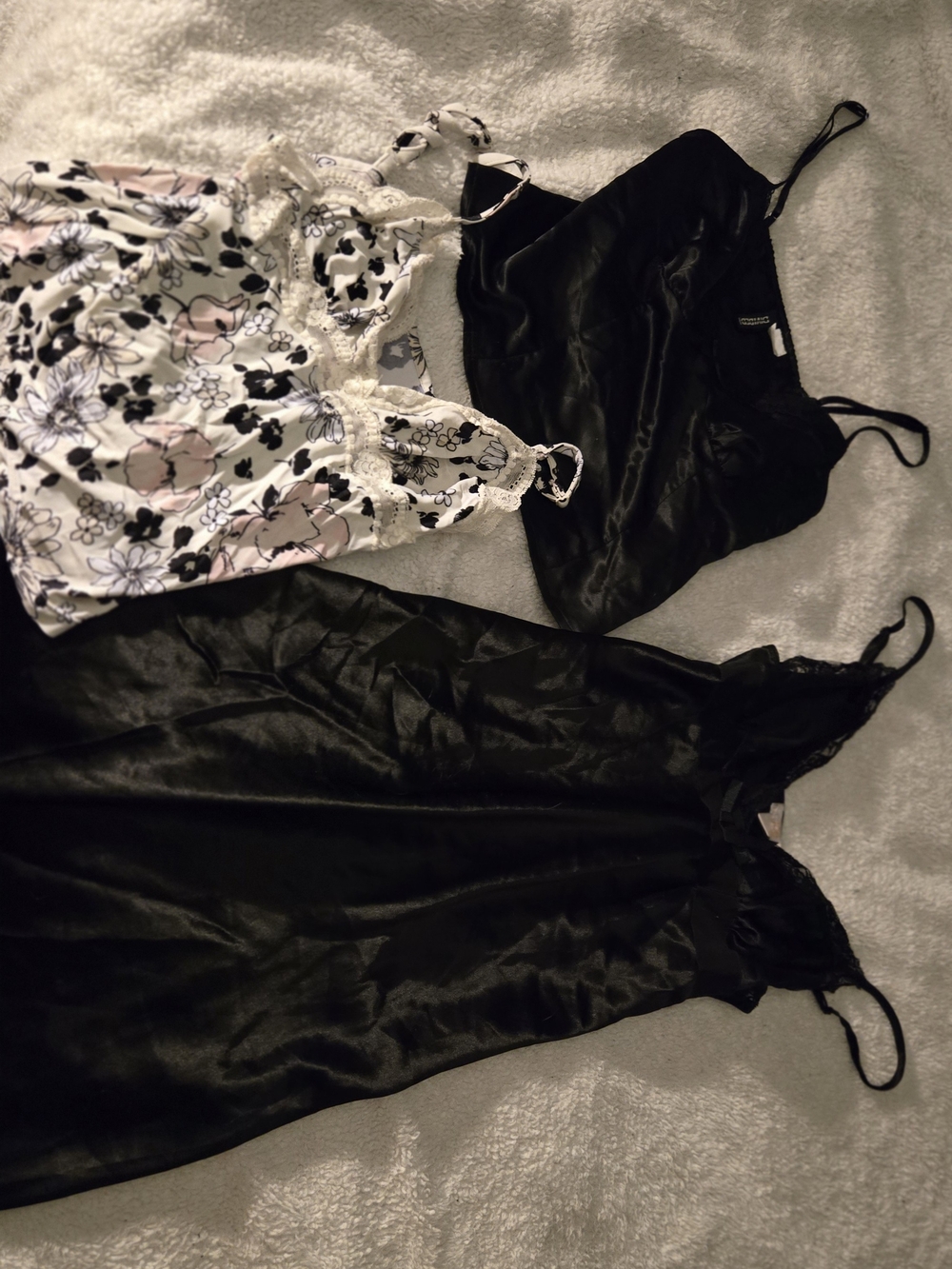 Silky Black Satin Slip Dress with Floral Lace Cami Set